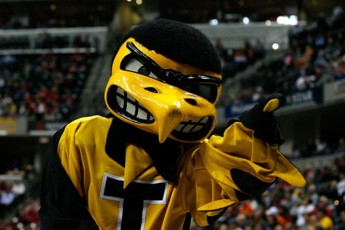 Herky the Hawk performs during game.