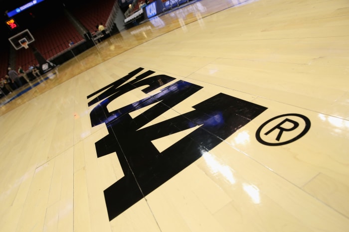 An NCAA logo on the court during the NCAA Tournament.