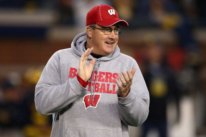 A closeup of Paul Chryst during a Wisconsin Badgers football game.