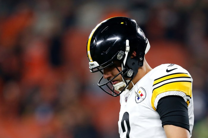 Pittsburgh Steelers quarterback Mason Rudolph walks onto the field.