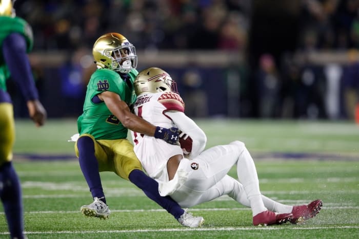 Julian Love makes a tackle for Notre Dame in a win over Florida State.