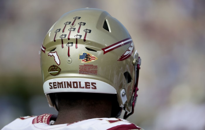 A view of the back of a Florida State football helmet.