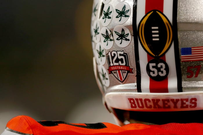 an ohio state player warms up during the national title game