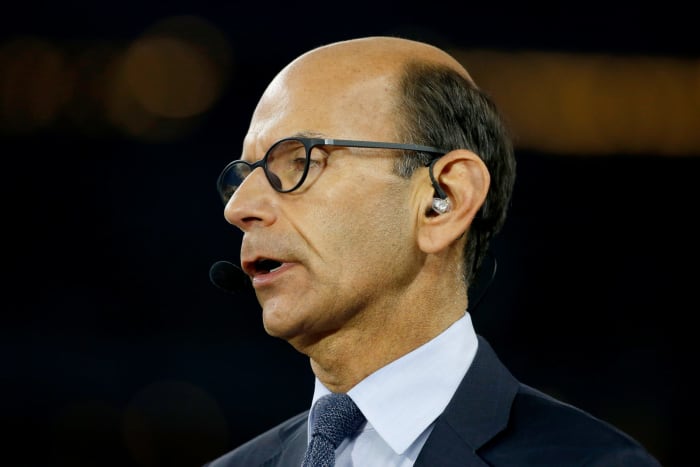 An extreme closeup of ESPN college football analyst Paul Finebaum from the Cotton Bowl in Texas in 2019.