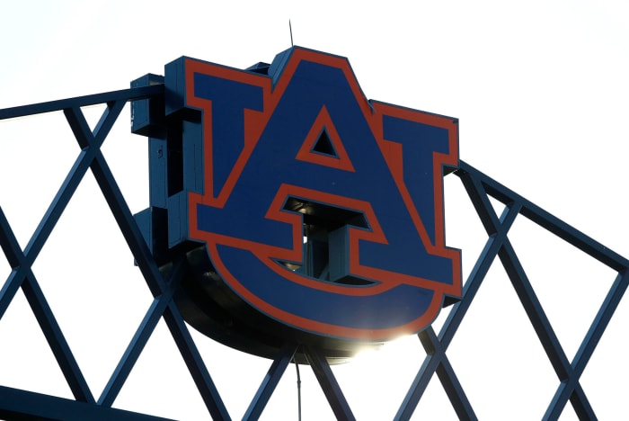 A general view of a giant Auburn logo in the team's stadium.