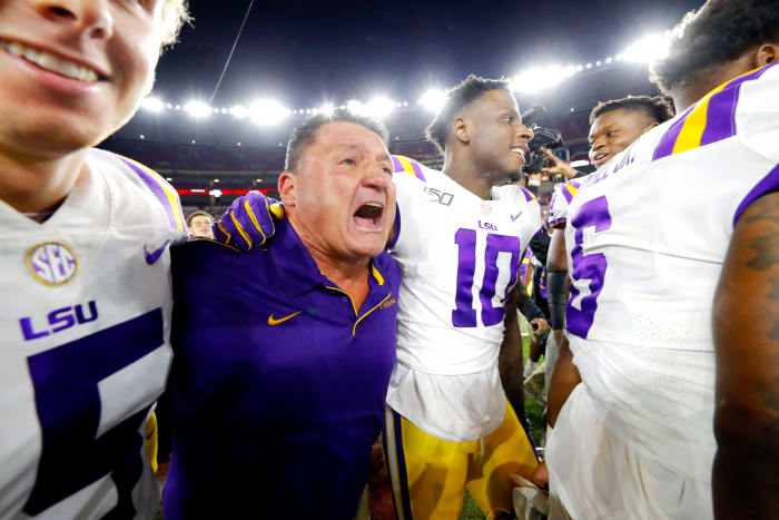 Coach O celebrates following LSU's win over Alabama.