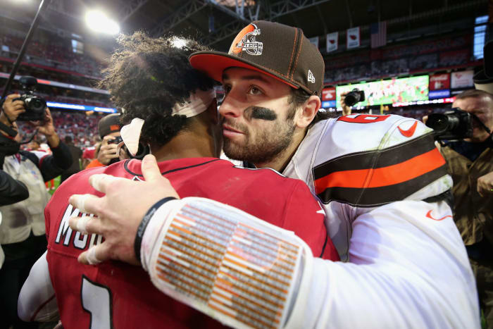 Kyler Murray and Baker Mayfield embrace after the Cardinals-Browns game.