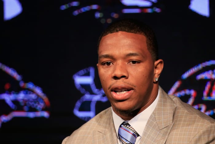 A closeup of Ray Rice addressing the media.