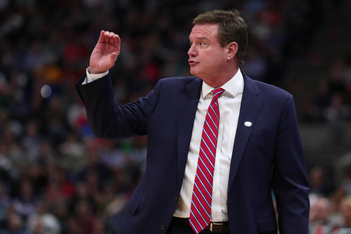 Bill Self reacting during a Kansas game.