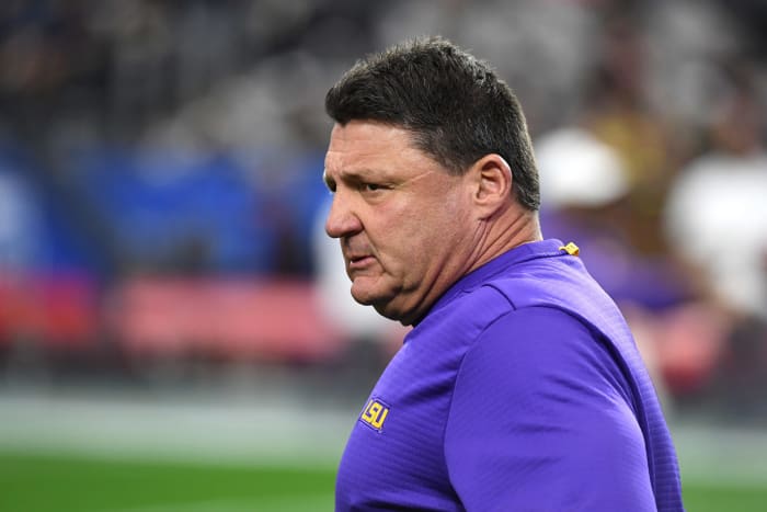 A closeup of LSU football coach Ed Orgeron.