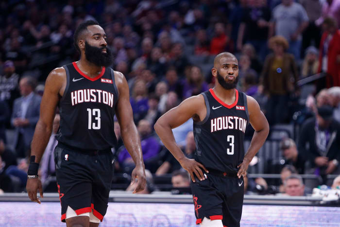 James Harden and Chris Paul playing for the Houston Rockets.