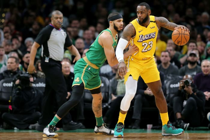 Lakers forward LeBron James against Jayson Tatum.