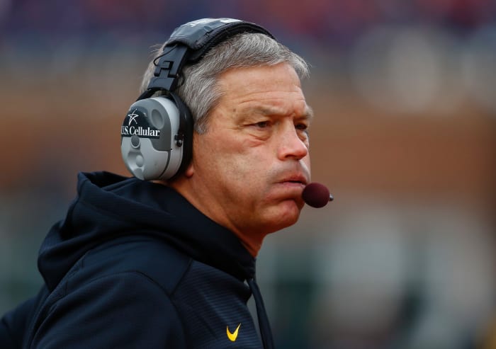 A closeup of Iowa football coach Kirk Ferentz.