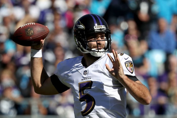 Joe Flacco throws a pass.