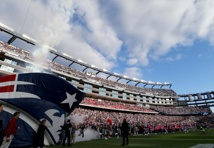 An interior view of Gillette Stadium during a Patriots game.