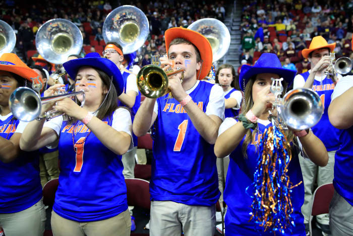 Florida Gators marching band at a basketball game.