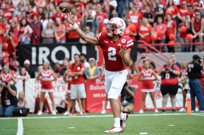 Adrian Martinez releases a pass for Nebraska.