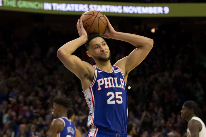 Ben Simmons reacting to a call during a game.
