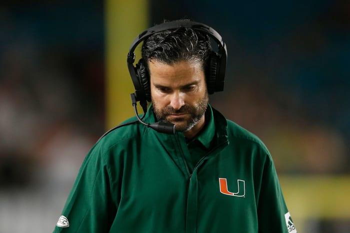Miami head coach Manny Diaz on the sideline.