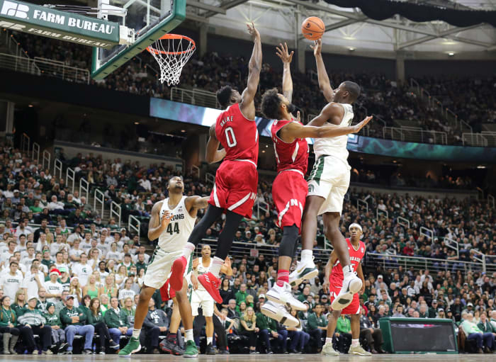 Isaac Copeland contests a shot for Nebraska basketball.
