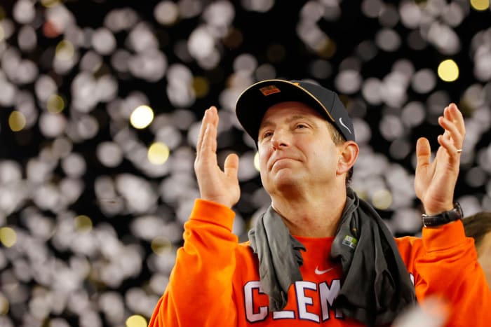 Head coach Dabo Swinney of the Clemson Tigers reacts after defeating the Alabama Crimson Tide 35-31 to win the 2017 College Football Playoff National Championship Game.