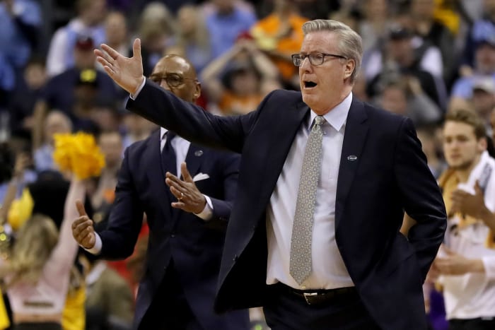 A closeup of Iowa's head basketball coach Fran McCaffery during a game.