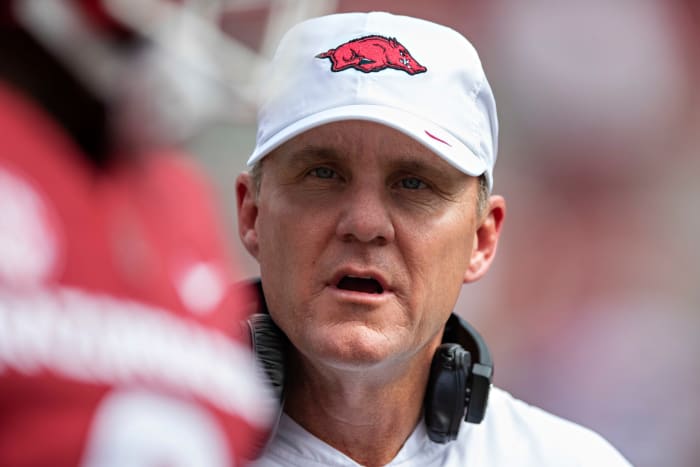 A closeup of Arkansas head coach Chad Morris.