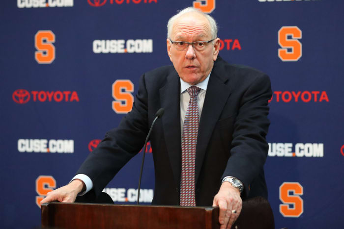 Jim Boeheim speaking to the media.