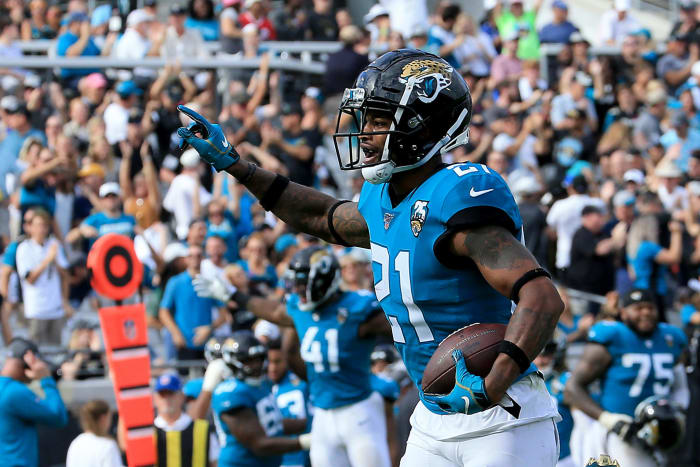 Jaguars cornerback A.J. Bouye celebrates interception.