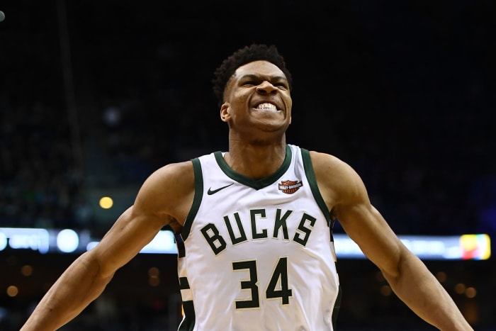 Giannis Antetokounmpo playing for the Bucks.
