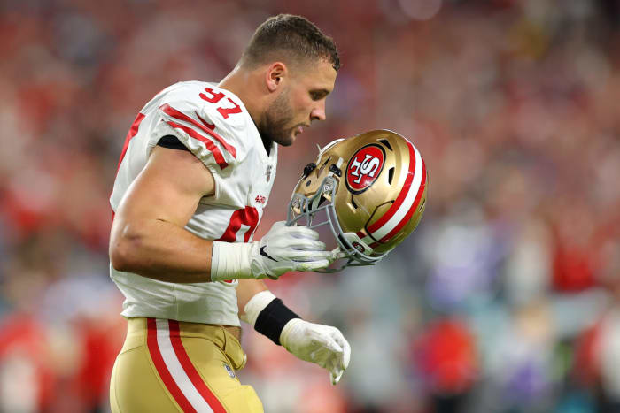 Nick Bosa takes the field for the San Francisco 49ers.