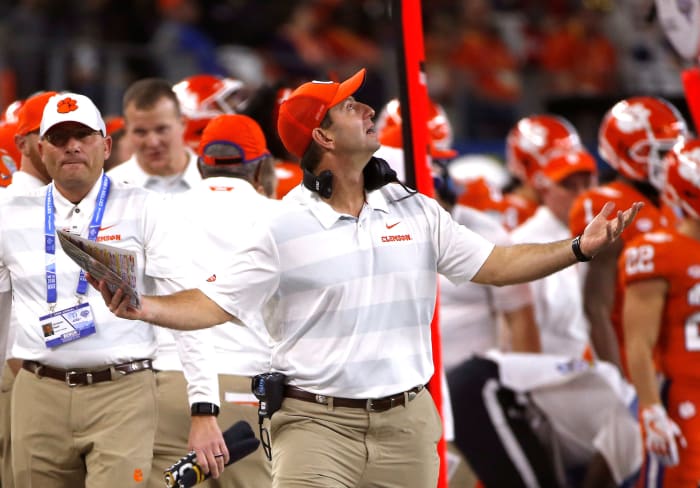 Dabo Swinney reacting during a football game.