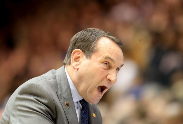 Duke head coach Mike Krzyzewski on the floor.