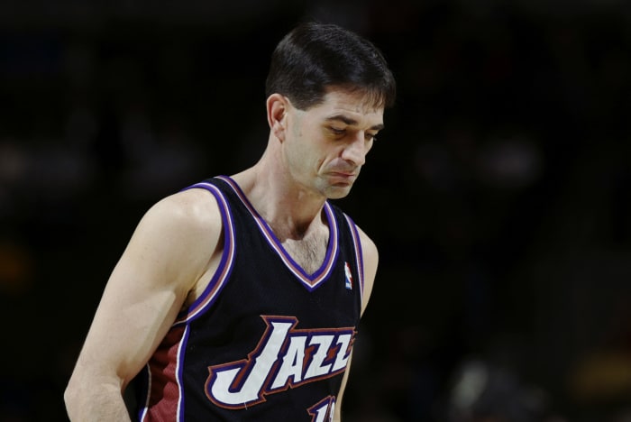 A closeup of John Stock on the court for the Utah Jazz.