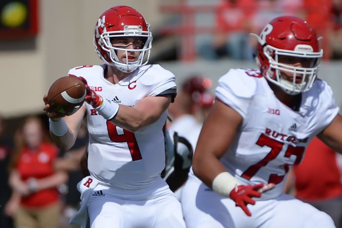 Jonah Jackson prepares to protect the quarterback for Rutgers.