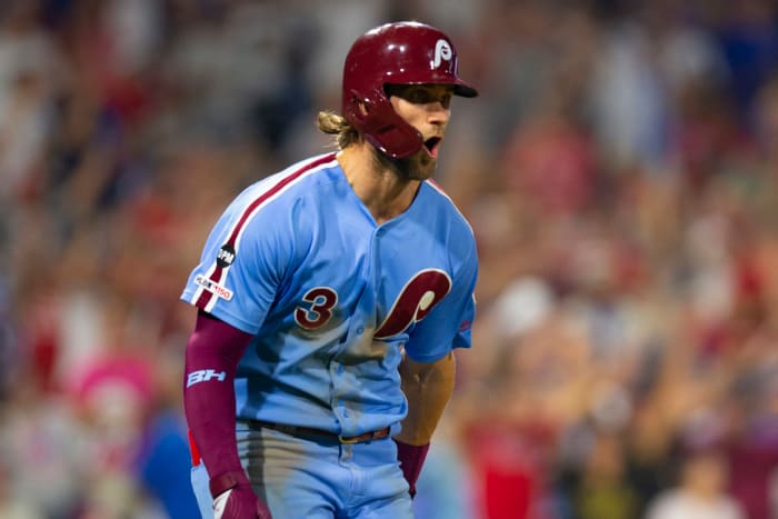 Bryce Harper reacts to hitting a walk-off grand slam.