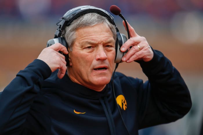 A closeup of Kirk Ferentz during an Iowa football game.
