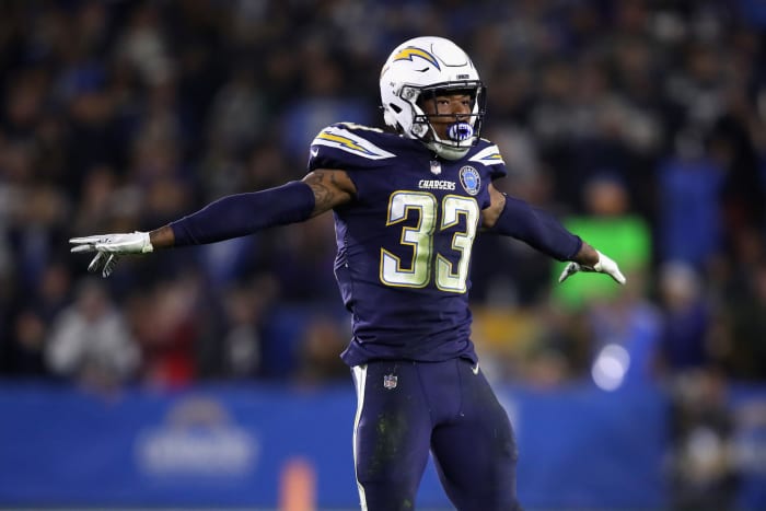 Derwin James of the Los Angeles Chargers reacts to broken pass.