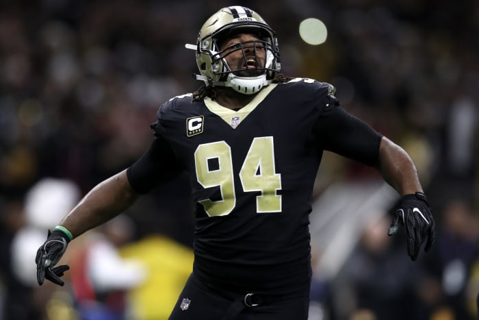 A closeup of Cameron Jordan during a New Orleans Saints game.