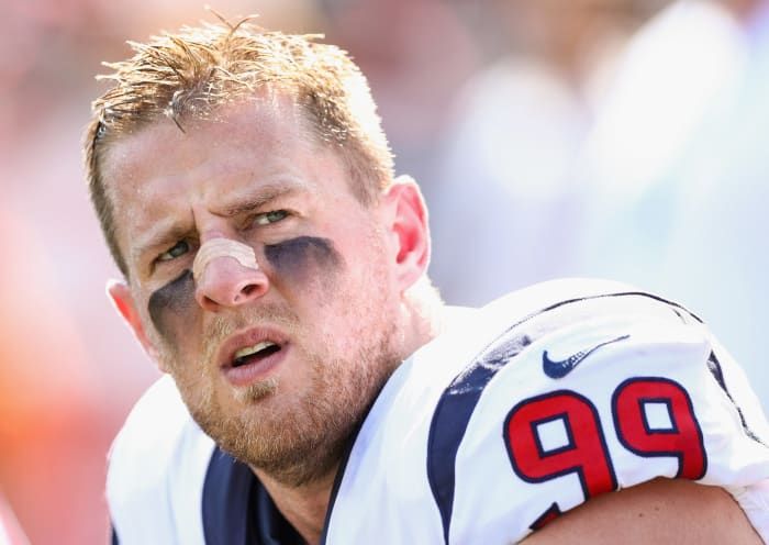 A closeup of JJ Watt with his helmet off.