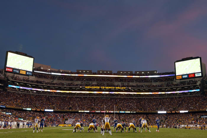 A low-angle shot of Tiger Stadium during LSU-Florida.