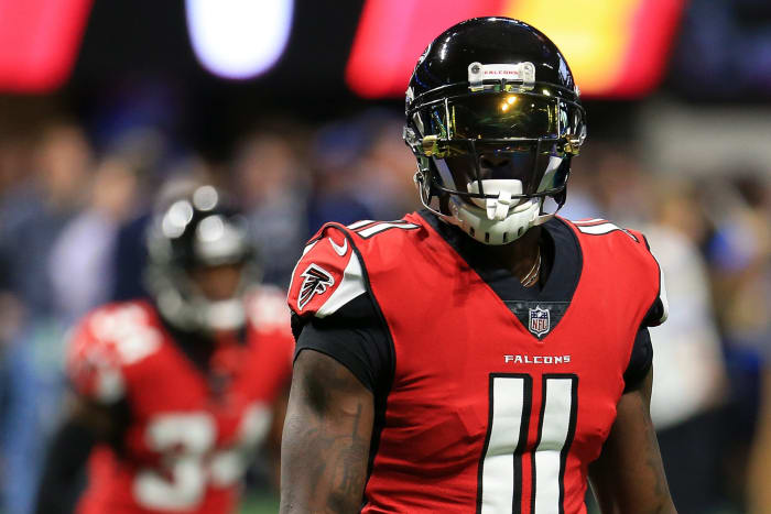 A closeup of Julio Jones in his Falcons uniform and helmet.