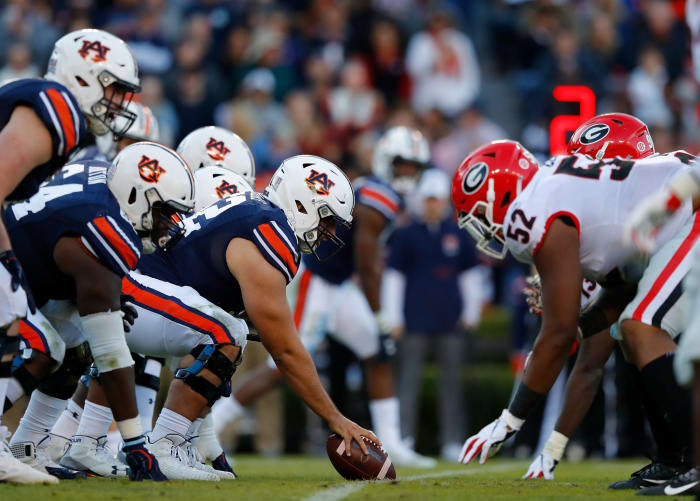 Auburn lines up against Georgia in an SEC game