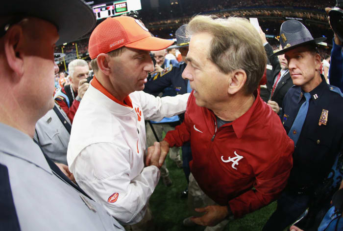 Head coach Nick Saban of the Alabama Crimson Tide and head coach Dabo Swinney of the Clemson Tigers.