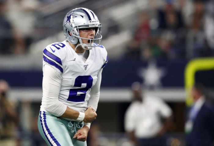 Former Dallas Cowboys kicker Brett Maher celebrates after hitting a field goal.