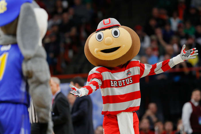 A closeup of Ohio State's mascot during a basketball game.