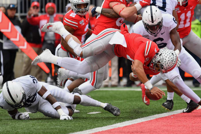 Justin Fields fumbles the ball as he dives into the end zone vs. Penn State.