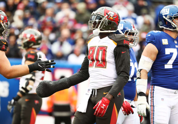 Jason Pierre-Paul celebrating during a game.