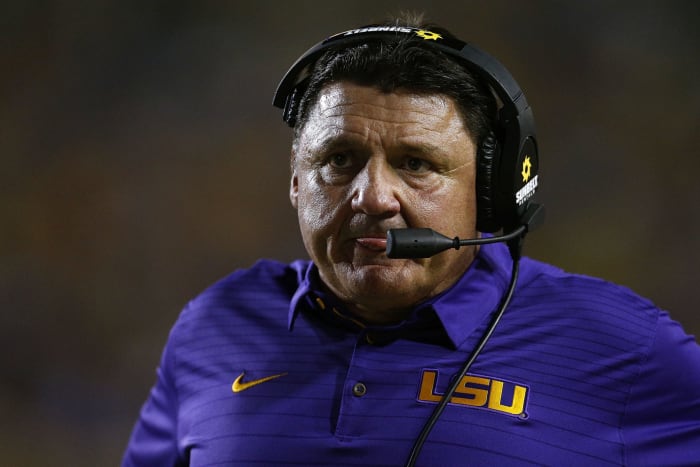 Ed Orgeron looks on intensely during a game against LSU.