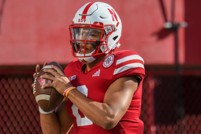 Adrian Martinez warms up for Nebraska.